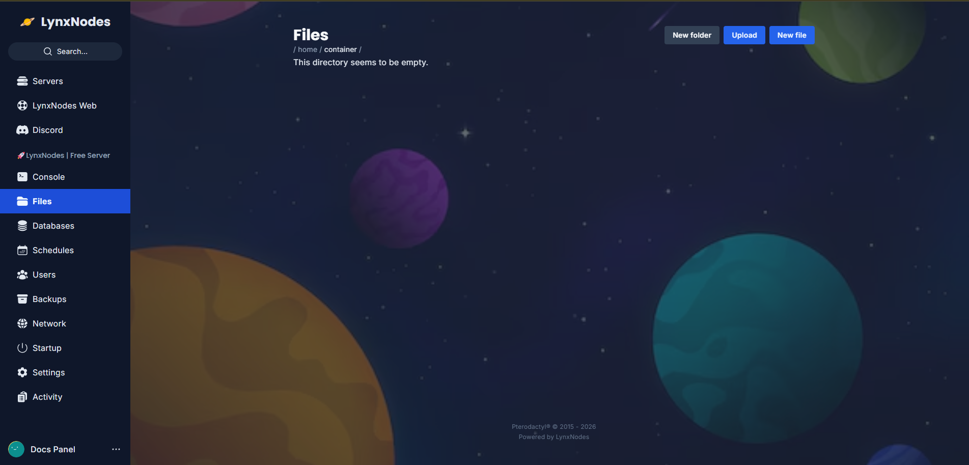 Gestor de archivos del panel de LynxNodes con los botones New folder, Upload y New file