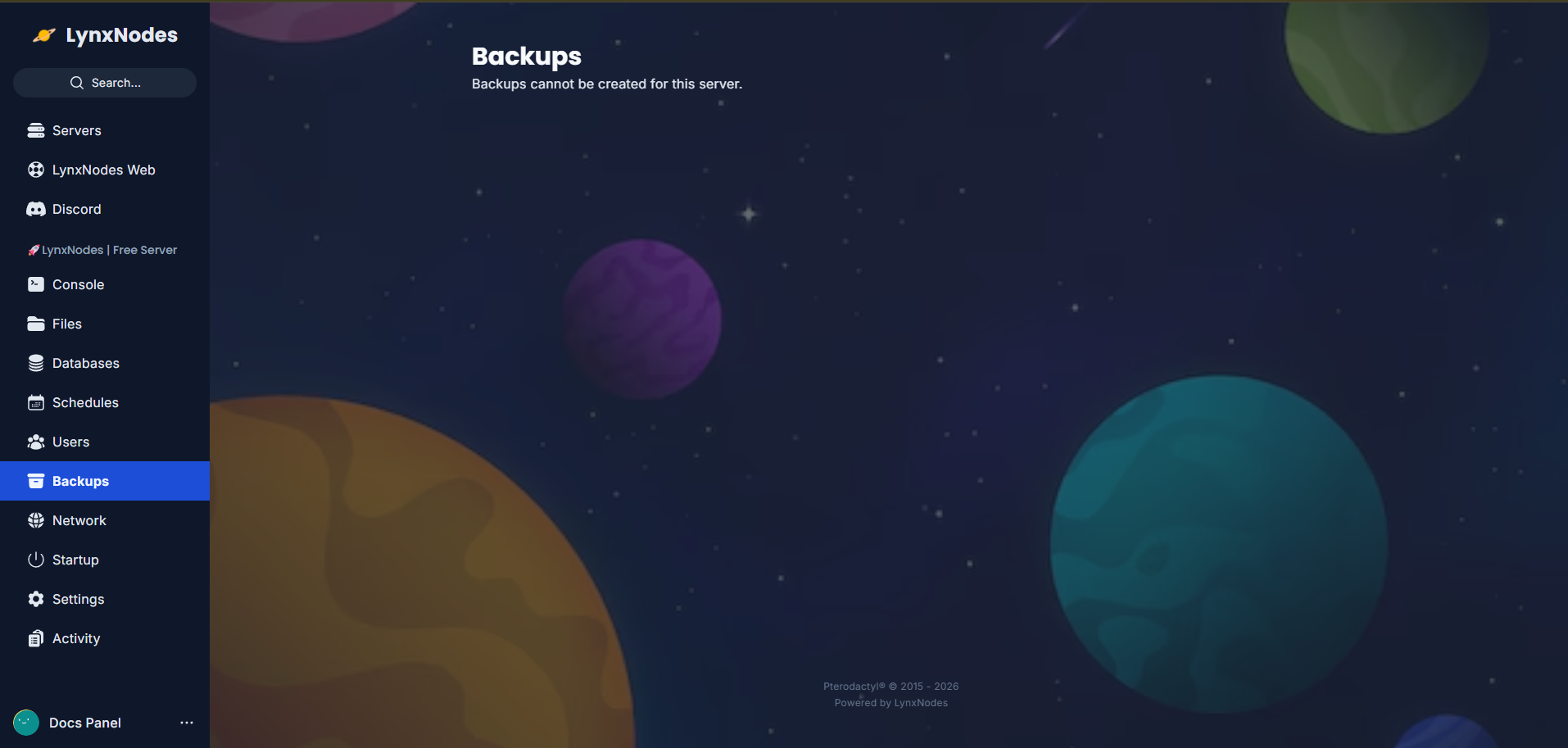 Pestaña de Backups del panel de LynxNodes