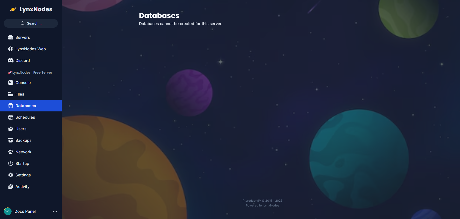 Pestaña de Bases de datos del panel de LynxNodes