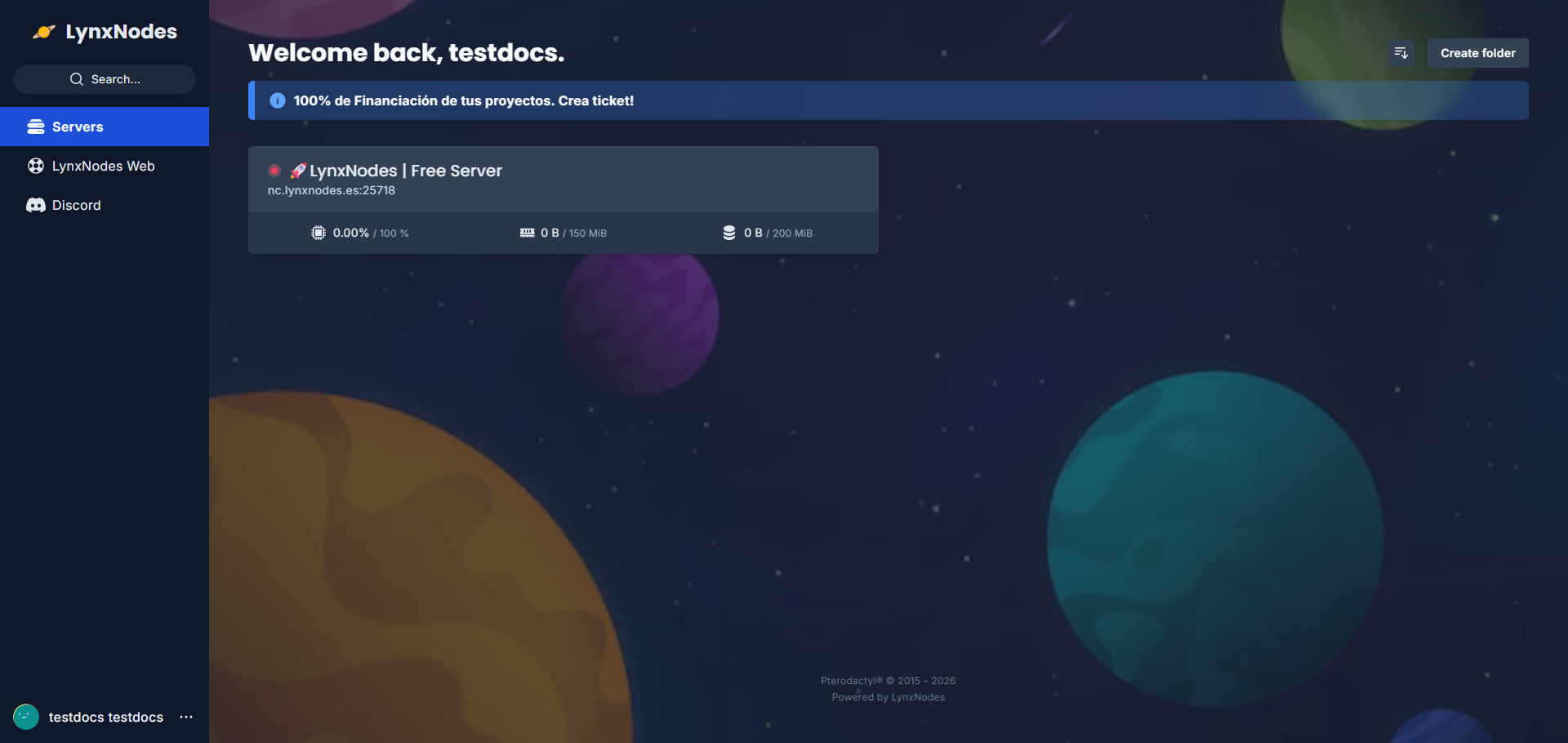 Dashboard del panel de LynxNodes con la lista de servidores del usuario
