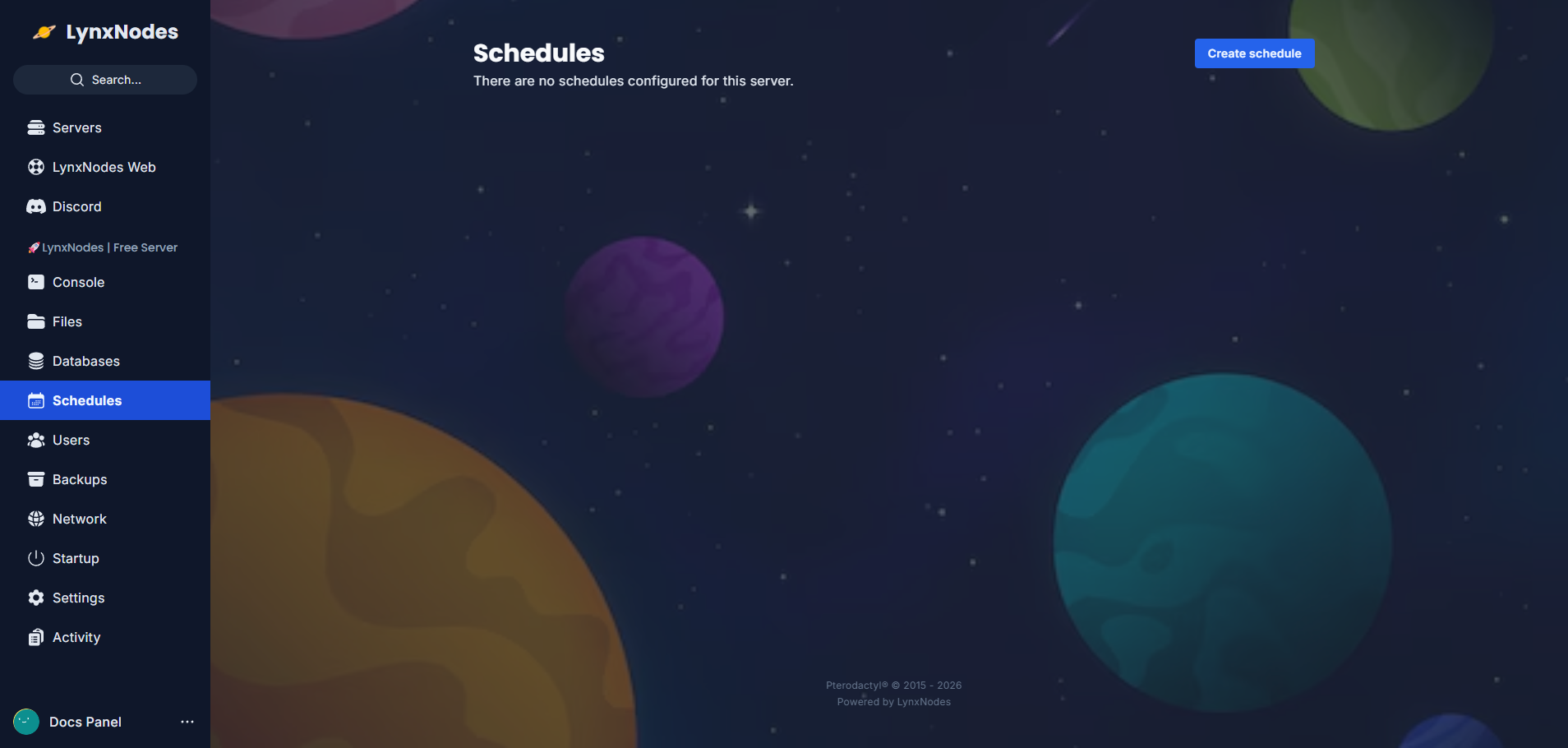 Pestaña de Schedules (tareas programadas) del panel de LynxNodes