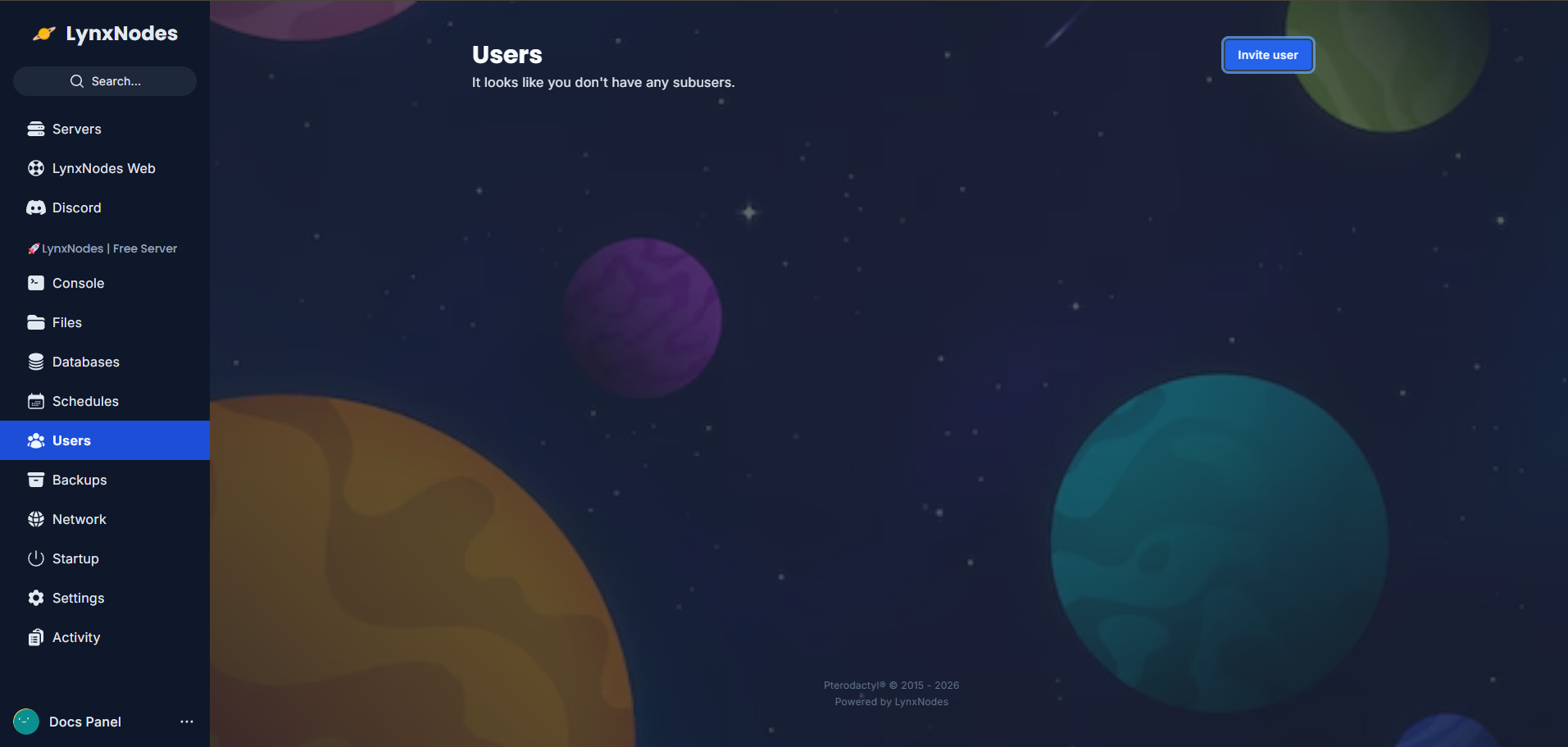 Pestaña de Users del panel de LynxNodes, sin subusuarios todavía