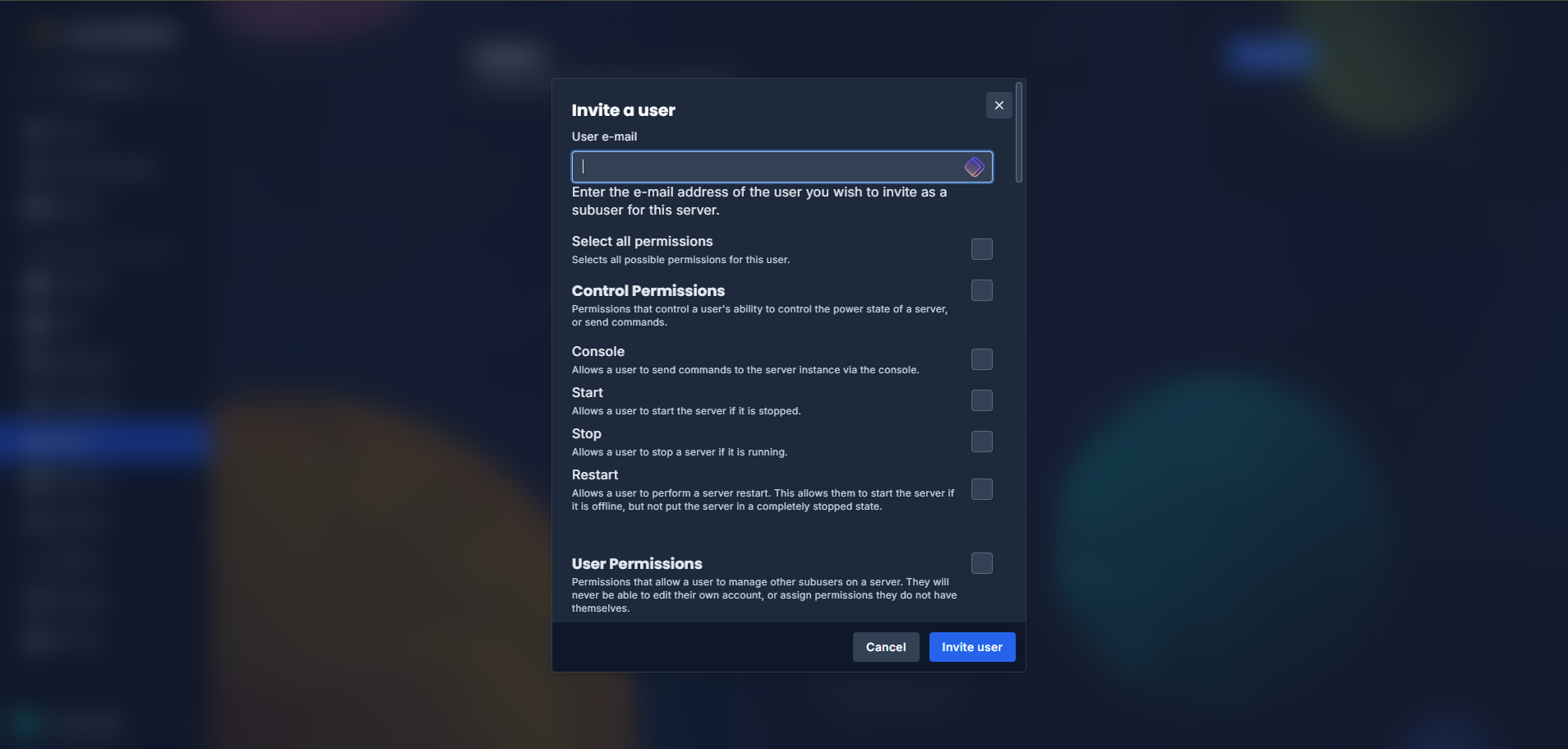 Modal para invitar a un subusuario con la lista de permisos disponibles