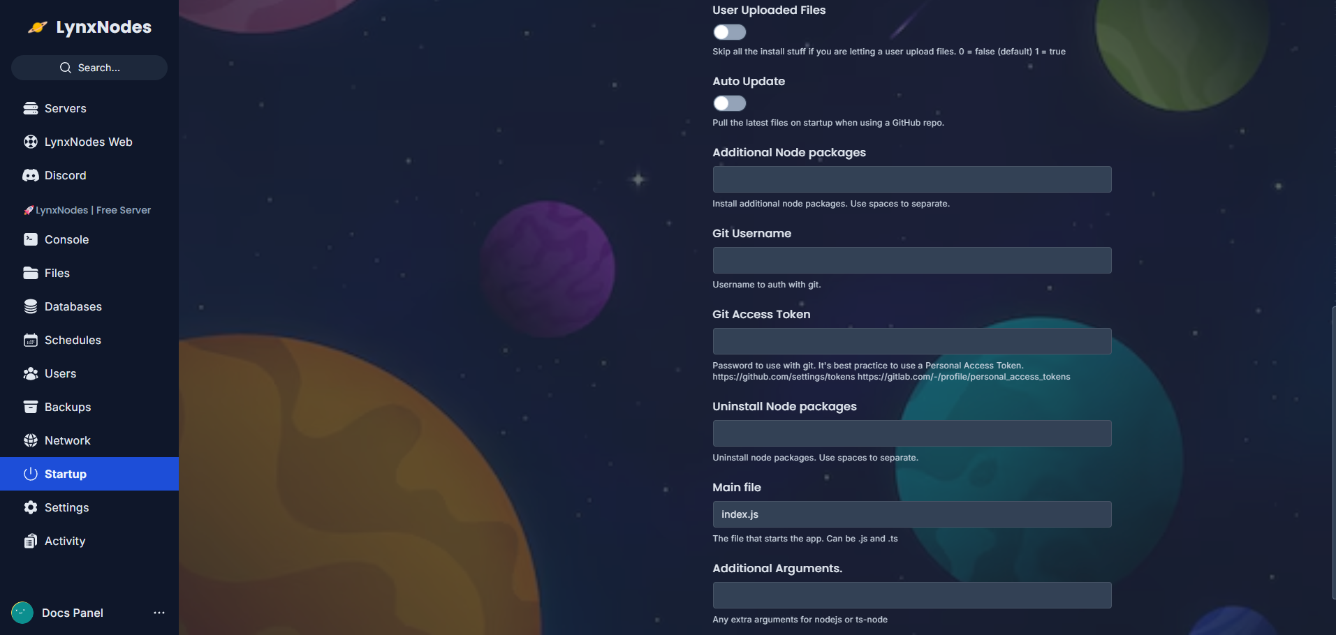 Sección de variables de la pestaña Startup, incluyendo Main file y Additional Arguments